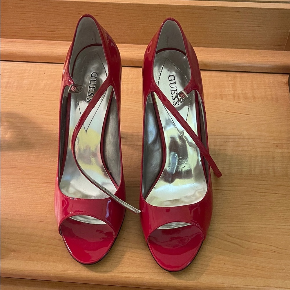 Guess Glossy Red Peep Toe Heels